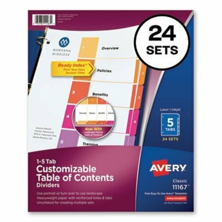 AVERY DENNISON Avery, CUSTOMIZABLE TOC READY INDEX MULTICOLOR DIVIDERS, 5-TAB, LETTER, 24PK 11167